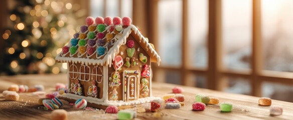 The Gingerbread House on a Wooden Table with Colorful Candies and Holiday Bokeh