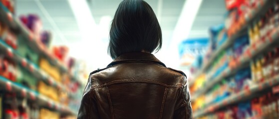 The Woman in a Leather Jacket Standing Alone in a Colorful Supermarket Aisle