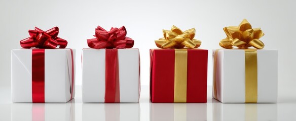 The Gift Boxes with Red and Gold Bows Arranged in a Minimal Studio Setting