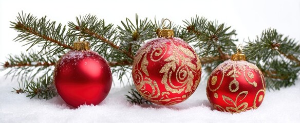 The Christmas ornaments in fresh snow beneath evergreen branches with festive sparkle