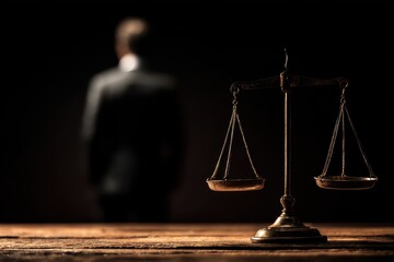 Scales of Justice on a polished desk with a solid black background