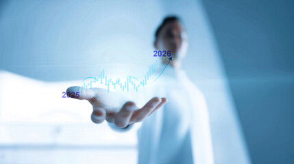 Business person reaching toward increase arrow graph corporate future growth year 2025 to 2026. Concept for business analytics, financial forecast, investment growth, and strategic planning.