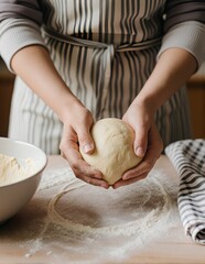 Hands shaping dough on floured surface during homemade baking