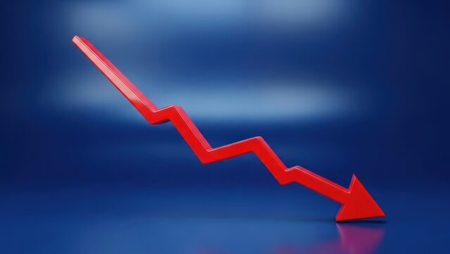Red downward trending zigzag arrow on blue background for business decline
