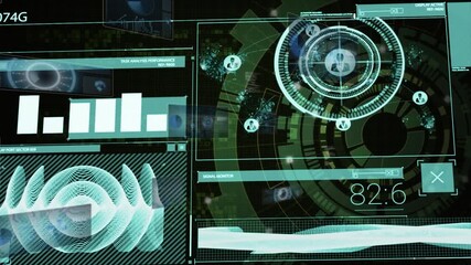 Animation of data with profile icons, graph over hud processing on digital interface - Powered by Adobe