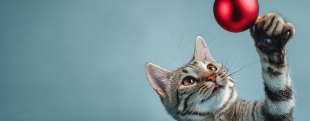 The Cat Reaching for a Shiny Red Ornament in a Minimal Blue Background