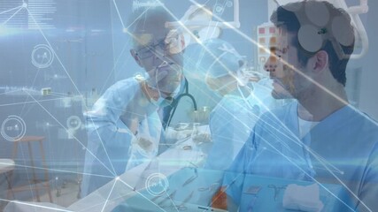 Animation of connections over caucasian male doctors talking