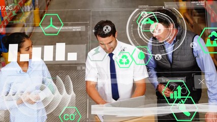 Application icons, sound waves, graphs over diverse coworkers discussing over laptop in warehouse - Powered by Adobe