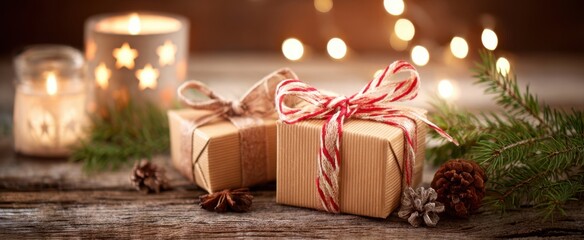 The Wrapped Gift Boxes on Rustic Wooden Table with Candlelight and Evergreen Accents