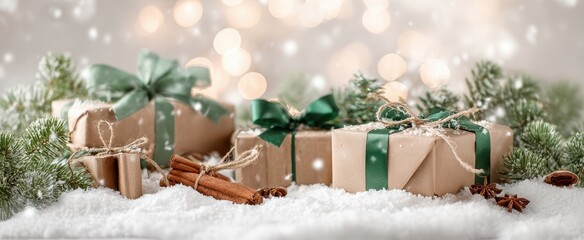 The Wrapped Gifts on Snow with Green Ribbons and Festive Bokeh Lights