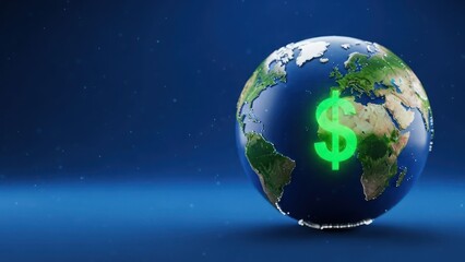 A glowing green dollar sign on a 3d rendering of the globe representing global finance and economy