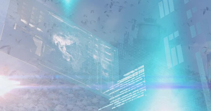 Animation of graphic interface and birds flying around bulldozer unloading junk at landfill