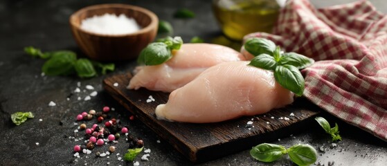 The Chicken Breast on a Wooden Cutting Board with Fresh Basil and Spices