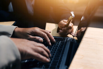 Accounting company provide finance and taxation planning for profitable cash flow, Auditor and accountant team working in office, analyze financial data and accounting record with calculator.Insight