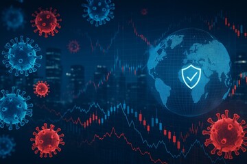 Coronavirus impact on global economy with virus particles, stock charts, and digital globe visualization on dark city background concept image. Ai generative