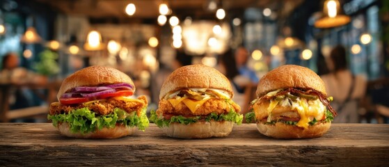 The Burgers: Three Gourmet Crispy Chicken Sandwiches with Melted Cheese on Rustic Wooden Table