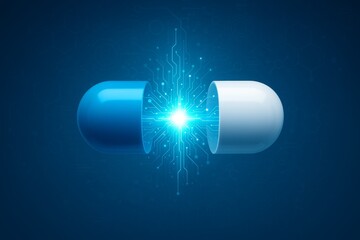 Glowing digital circuit emerging from open capsule symbolizing futuristic science and technology in healthcare and pharmaceutical innovation concept. Ai generative