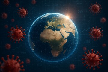 Planet Earth surrounded by virus particles in a digital network space, symbolizing global pandemic impact and scientific data concept visualization. Ai generative