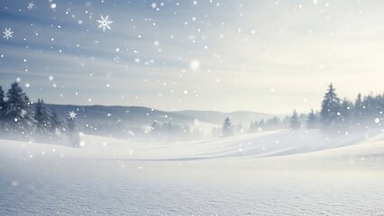 Snowy landscape with evergreen trees and rolling hills under a blue sky with falling snowflakes winter
