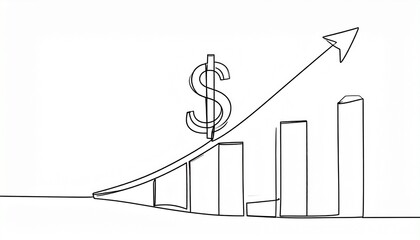 Minimalist line drawing of ascending bar chart with dollar sign and upward arrow, symbolizing financial growth and success.