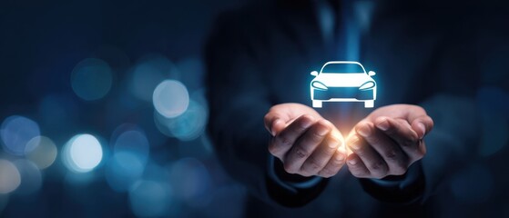 The Car Hologram Cradled in Hands Symbolizing Protection and Smart Vehicle Technology