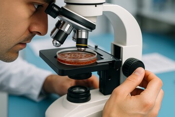 Scientist examining bacteria culture through microscope in laboratory for scientific research and medical education concept on blue background. Ai generative