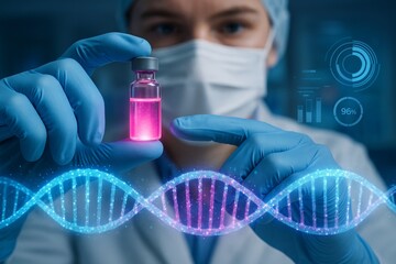 Scientist holding glowing vial with DNA strand and futuristic digital interface in lab setting, showing innovation in medical science concept. Ai generative