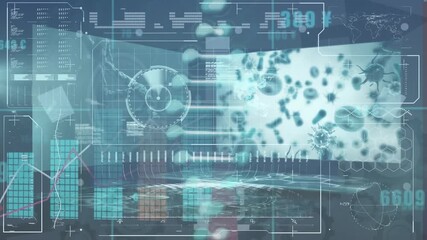 Animation of dna helix over infographic interface with bar graphs and cancerous cells - Powered by Adobe