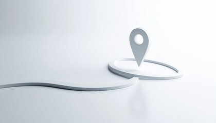 Minimalist 3D design of a location pin within a circular boundary, with a winding path leading to it, symbolizing navigation and destination.