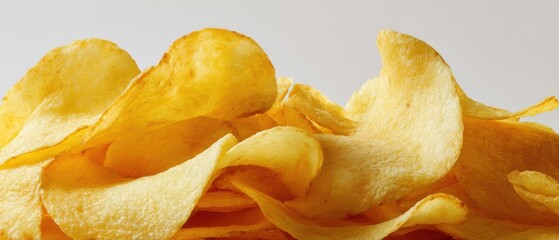 The Potato Chips Pile of Golden Crispy Snacks on a Neutral Background