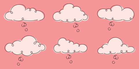 Cloud thought bubbles set on soft pink background, whimsical illustration for dreams and ideas, playful doodle style clouds collection creating calm mood for nursery and creative design use