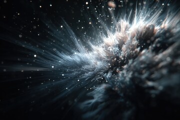 Abstrakte Energieexplosion aus Lichtpartikeln auf dunklem Hintergrund mit Textfreiraum