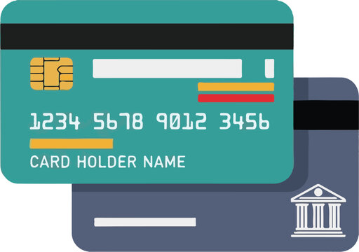 A professional flat vector illustration of two credit cards, one teal and one navy, featuring realistic details like a chip, numbers, and a bank icon, representing diverse financial options.
