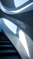 Obraz premium Futuristic, architectural stairway with curved lines and bright sky