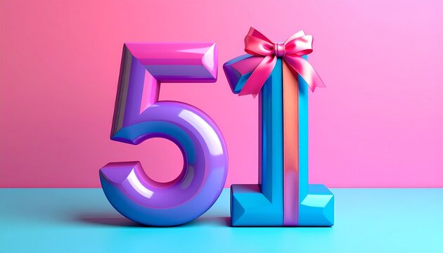 Number 51 wrapped with a festive ribbon. Image for birthday or anniversary party