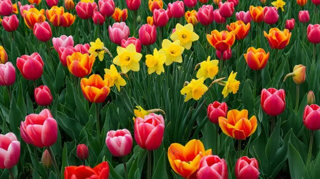 Vibrant Tulip And Daffodil Field Displaying Red Yellow And Orange Hues In Natural Daylight Setting