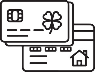Black and white line art vector featuring two credit cards: one with a four-leaf clover and EMV chip, and another with a house icon, symbolizing financial luck and home mortgage services.