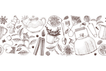 Tea hand drawn seamless border