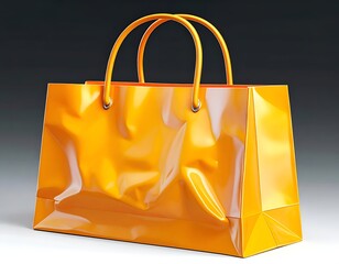 Glossy, bright orange shopping bag with handles, lit against a gradient