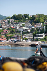 漁港と丘陵の家並みが見渡せる海辺の景観　真鶴の海沿い集落の風景