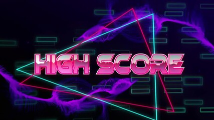 Animation of high score text banner and purple digital waves over neon shapes in seamless pattern - Powered by Adobe