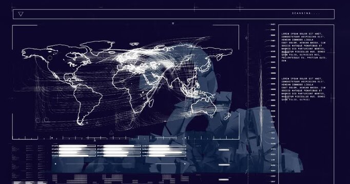 Animation of illuminated digital map, sound bar, data over question mark structure