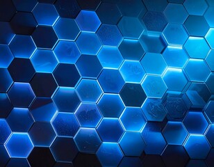 Glowing blue honeycomb pattern. Light refracts across textured, metallic tiles
