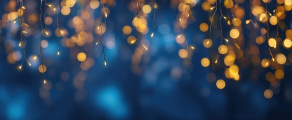 The fairy lights glowing like golden bokeh against a deep blue festive background