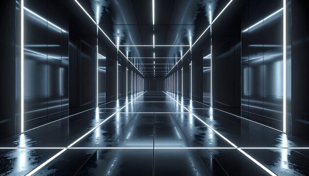 Long, futuristic corridor with bright neon lights and reflective surfaces