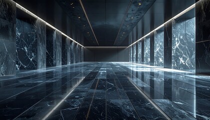 Long hallway with marble walls and reflective floors bathed in cool light