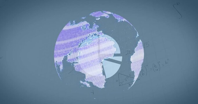 Animation of globe, pie chart and math formulas on grey background