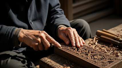 Skilled craftsman carving intricate wooden design with precision tools
