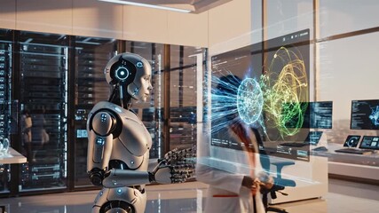 A futuristic interface reveals advanced data analysis as a humanoid robot interacts with a human scientist in a high-tech laboratory setting of innovation and discovery. - Powered by Adobe
