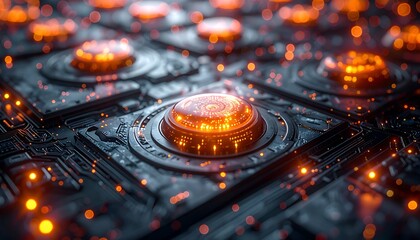 Glowing, orange orbs on a textured, dark, techy circuit board